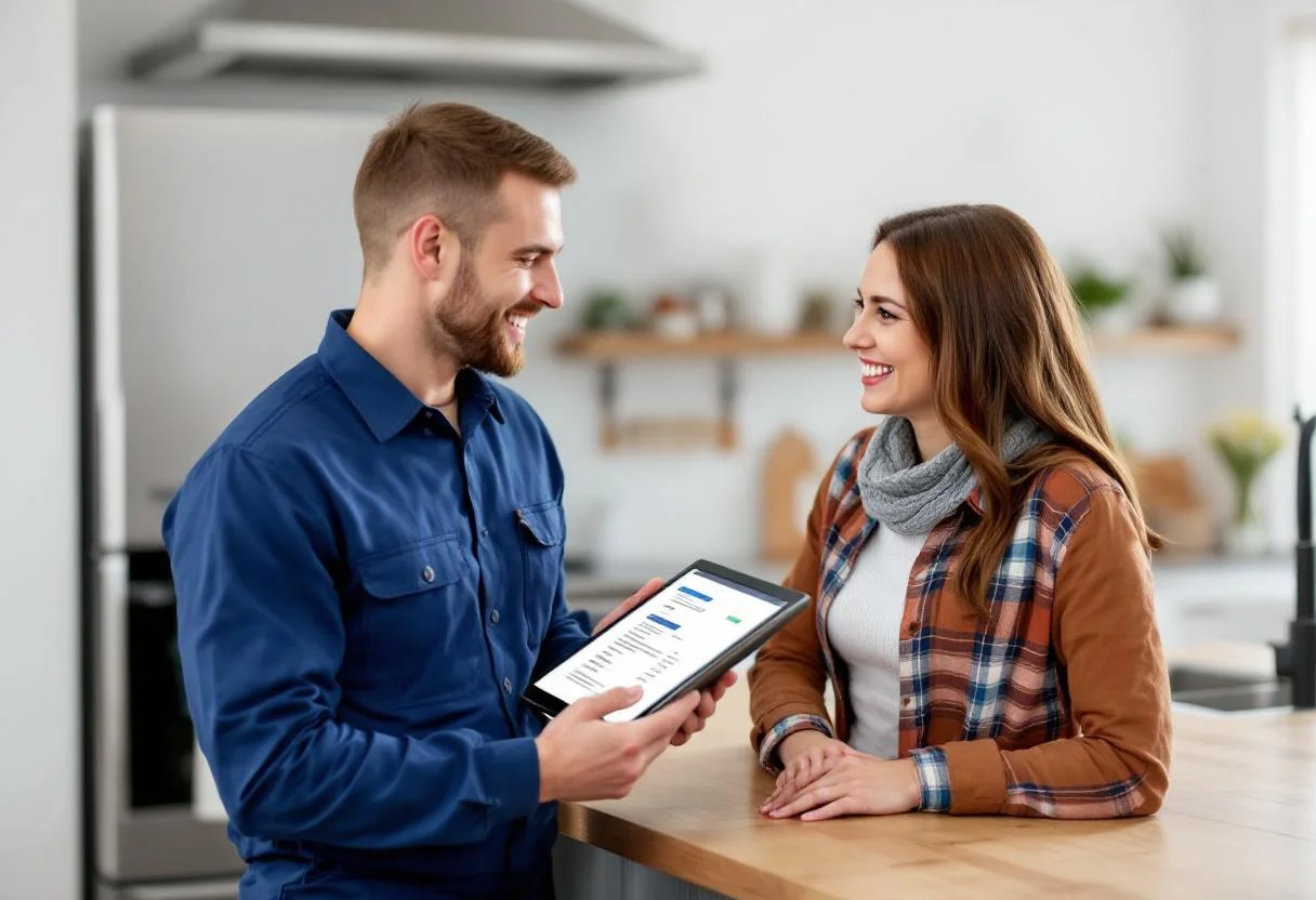 Professionnel montrant un devis adoucisseur a un client