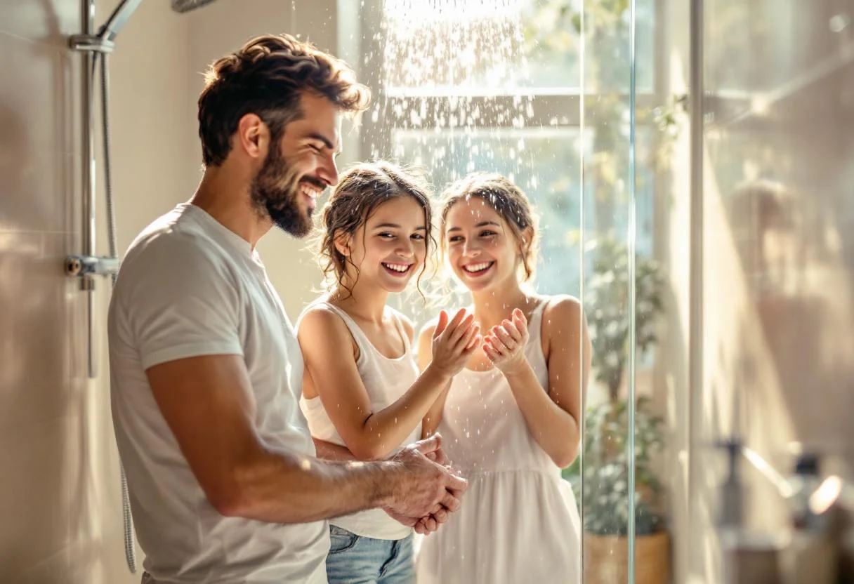 Famille profitant d'une eau douce dans la salle de bain